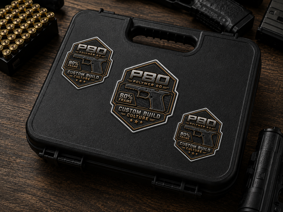 three Polymer 80 stickers displayed on a black hard case